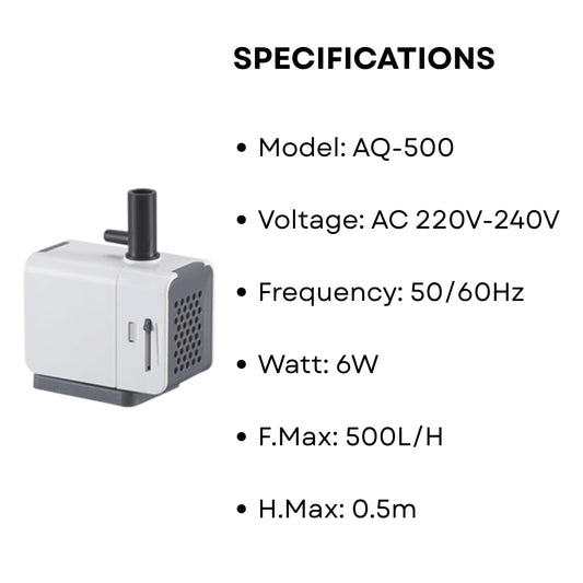 S0B0 AQ-500 Submersible Water Pump for Aquarium Fish Tank| Energy Saving & Environmental Friendly | For Marine & Fresh Water Aquariums | Power: 6W | F.Max: 500L/H | Original from Tunai Store