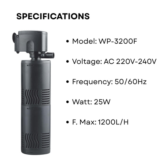 S0B0 WP-3200F Internal Filter for Aquarium Fish Tank | Completely Submersible | Absorbs Dirt & Clean The Water | for Fresh & Marine Water Tank | Power:25W | F.Max: 1200L/H | Original from Tunai Store