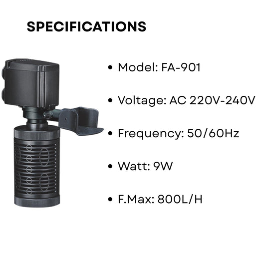S0B0 FA-901 Internal Filter for Aquarium Fish Tank | Completely Submersible | Suitable for Fresh and Marine Water Tank | Power: 9W | F.Max: 800L/H | Original from Tunai Store