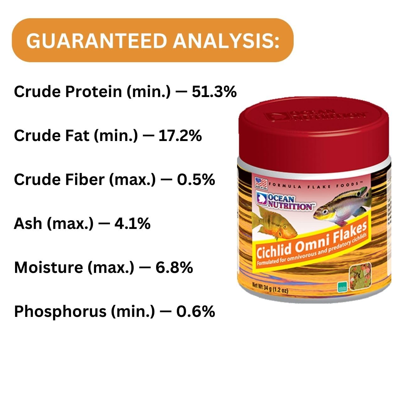 ON+ Cichlid Omni Flakes Fish Food (Original from Tunai Store) | Formulated for Omnivorous and Predatory Cichlids (34gms, Flakes)