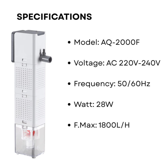 S0B0 AQ-2000F Internal Filter for Aquarium Fish Tank | Powerful Water Circulation | Strong and Consistent Flow | Completely Submersible | Power: 28W | F.Max: 1800L/H | Original from Tunai Store