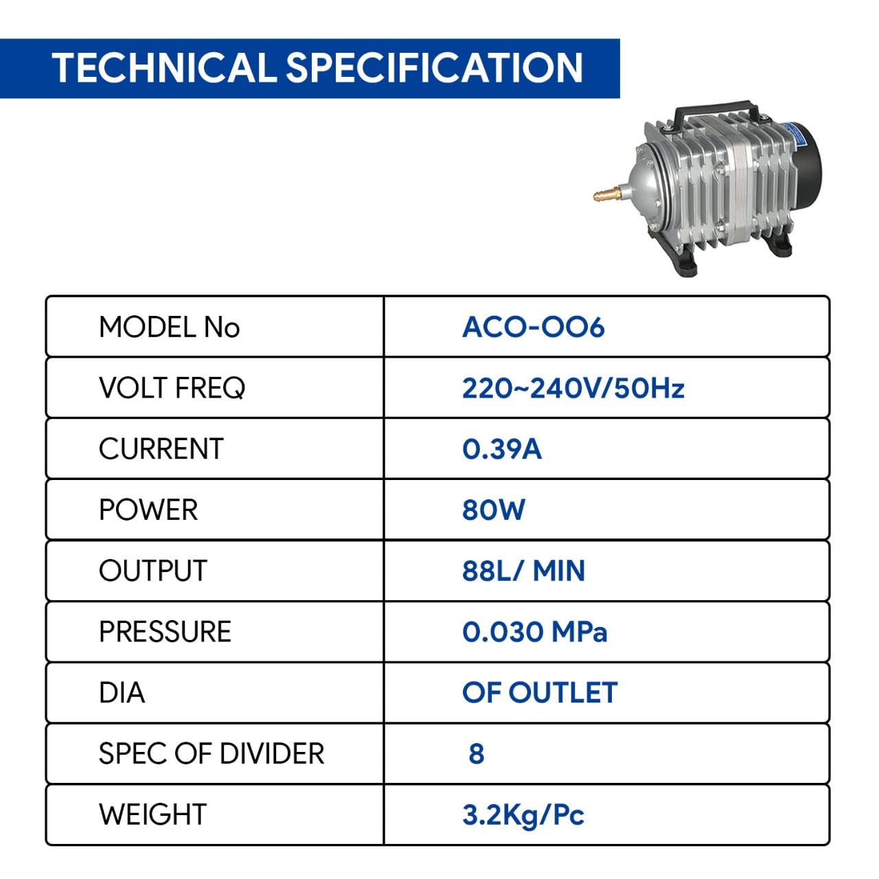 Tunai+ ACO-006 | 80 Watts, 88 Liters Per Minute| Strong Aeration Oxygen Air Pump for Fish Pond, Fish Breeders, Large Size Aquarium in Restaurants, Homes and Malls
