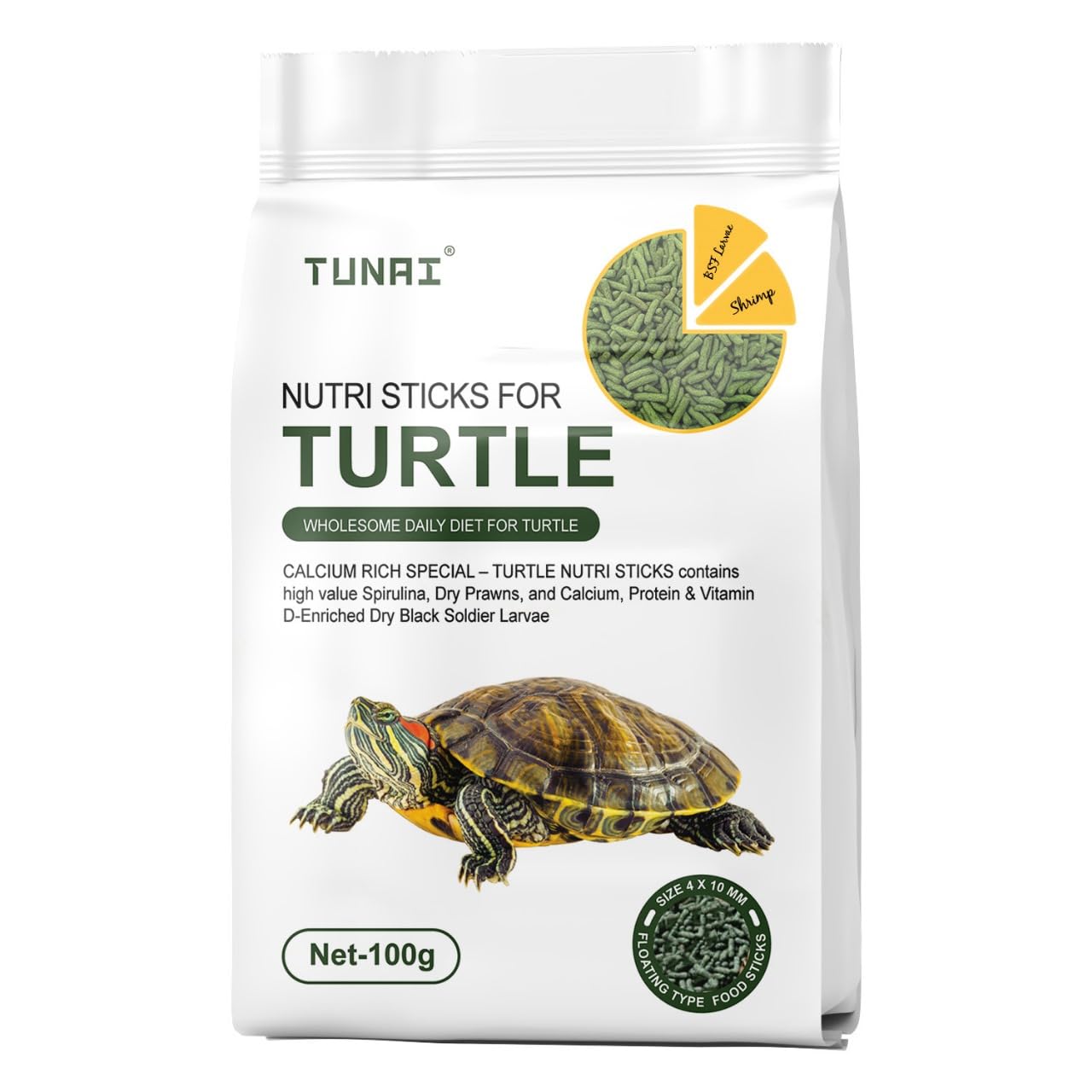 TUNAI 3In1 Adult Turtle Food & Tortoise Food Spirulina Added for Better Shell Health|100G| Contains Nutritious Pellets, Whole Shrimp and Bsfl Insect Larvae, 1 Count