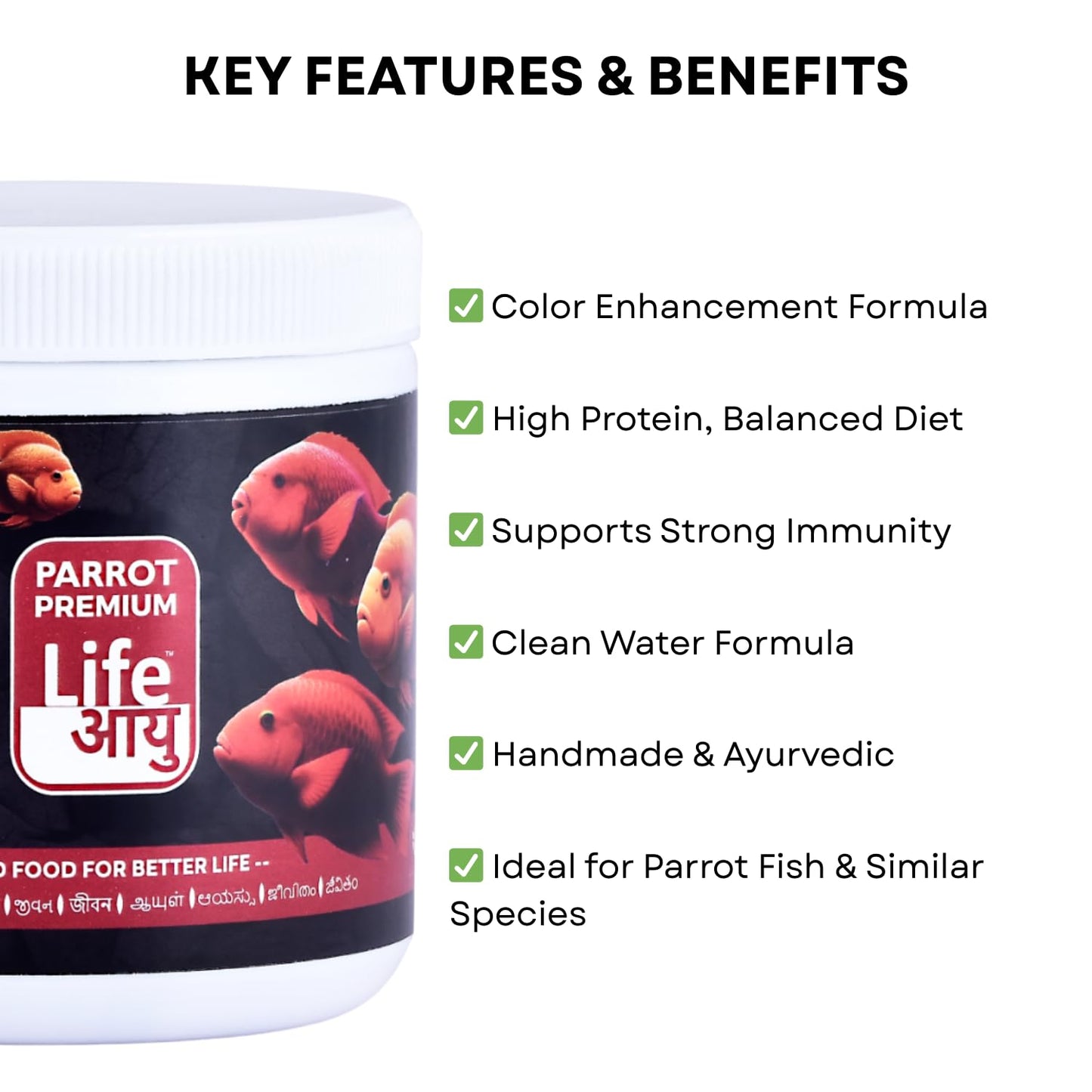 Life AAYU Parrot Premium Fish Food | Color Enhancing & Immunity-Boosting | Natural Pellets with Spirulina & Omega-3 | (200 GMS)