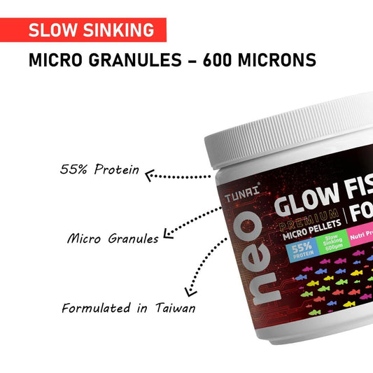 Tunai Glow Widow Fish Food | 100g | 55% Protein for Growth| 600 Microns Slow Sinking Aquarium Guppy Food (100g - 600 microns Granules)