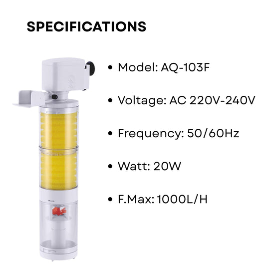 TUNAI S0B0 AQ-103F Multi-Function Internal Filter For Aquarium Fish Tank | Completely Submersible | Suitable For Fresh And Marine Water Tank | Power: 20W | F.Max: 1000L/H | Original from Store