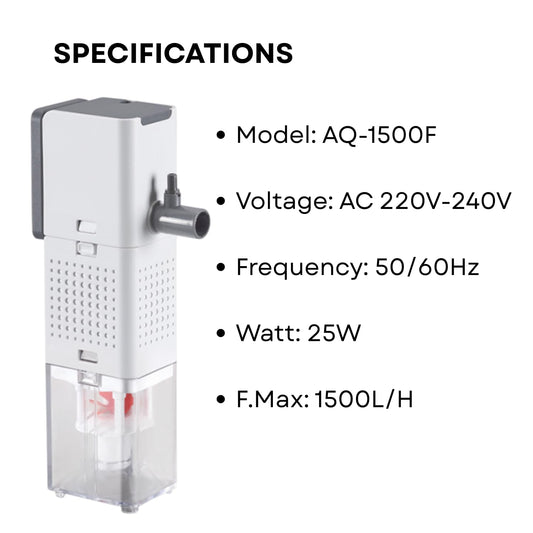 S0B0 AQ-1500F Internal Filter for Aquarium Fish Tank | Powerful Water Circulation | Strong and Consistent Flow | Completely Submersible | Power: 25W | F.Max: 1500L/H | Original from Tunai Store