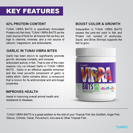 TUNAI VIBRA Bait Fish Food for Gold Fish, Angel Fish, Discus, Cichlids, Oscar, Red Parrot, Flower Horn, Arowana & Other Tropical Fishes (100g, Vibra Baits)