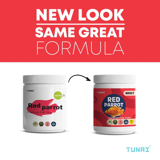 TUNAI Supreme Adult Formula Red Parrot Fish Food Pellet 4Mm with 40% Protein 100G and Vitamins, Essential for Color Enhancement, Growth for Medium and Large Sized Red Parrot Fish