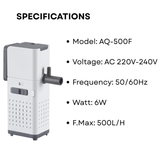 S0B0 AQ-500F Internal Filter for Aquarium Fish Tank | Powerful Water Circulation | Strong and Consistent Flow | Completely Submersible | Power: 6W | F.Max: 500L/H | Original from Tunai Store