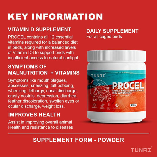 TUNAI PROCEL |250g| Instant Release of Electrolytes, Proteins, Calcium, Probiotics & Other Nutrients for All Caged Birds, Supports Recovery of Birds from Stress and Illness