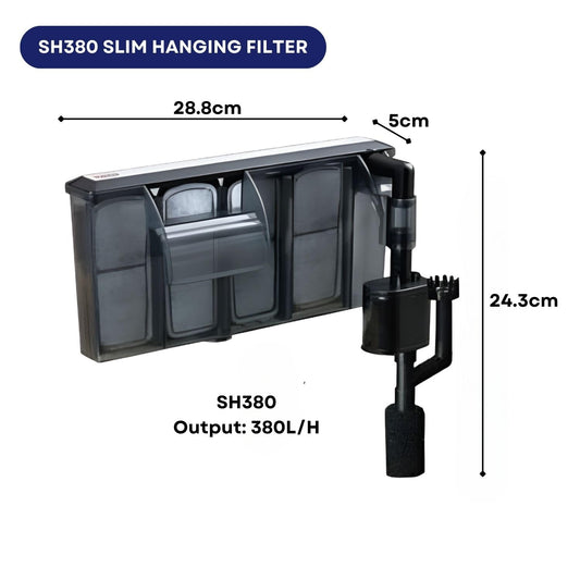 Dophin SH380 Slim Hanging Filter for Aquarium Fish Tank | Mechanical and Biological Filtration | Output: 280/380L/H | Suitable for Tank Size 80L | (Original from Tunai Store)