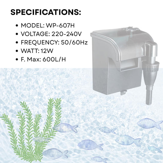 TUNAI S0B0 WP-607H Hanging Filter for Aquarium Fish Tank | Mechanical, Chemical and Biological Filtration | Ideal for Freshwater & Marine Water Tank | Power: 12W | F.Max: 600L/H