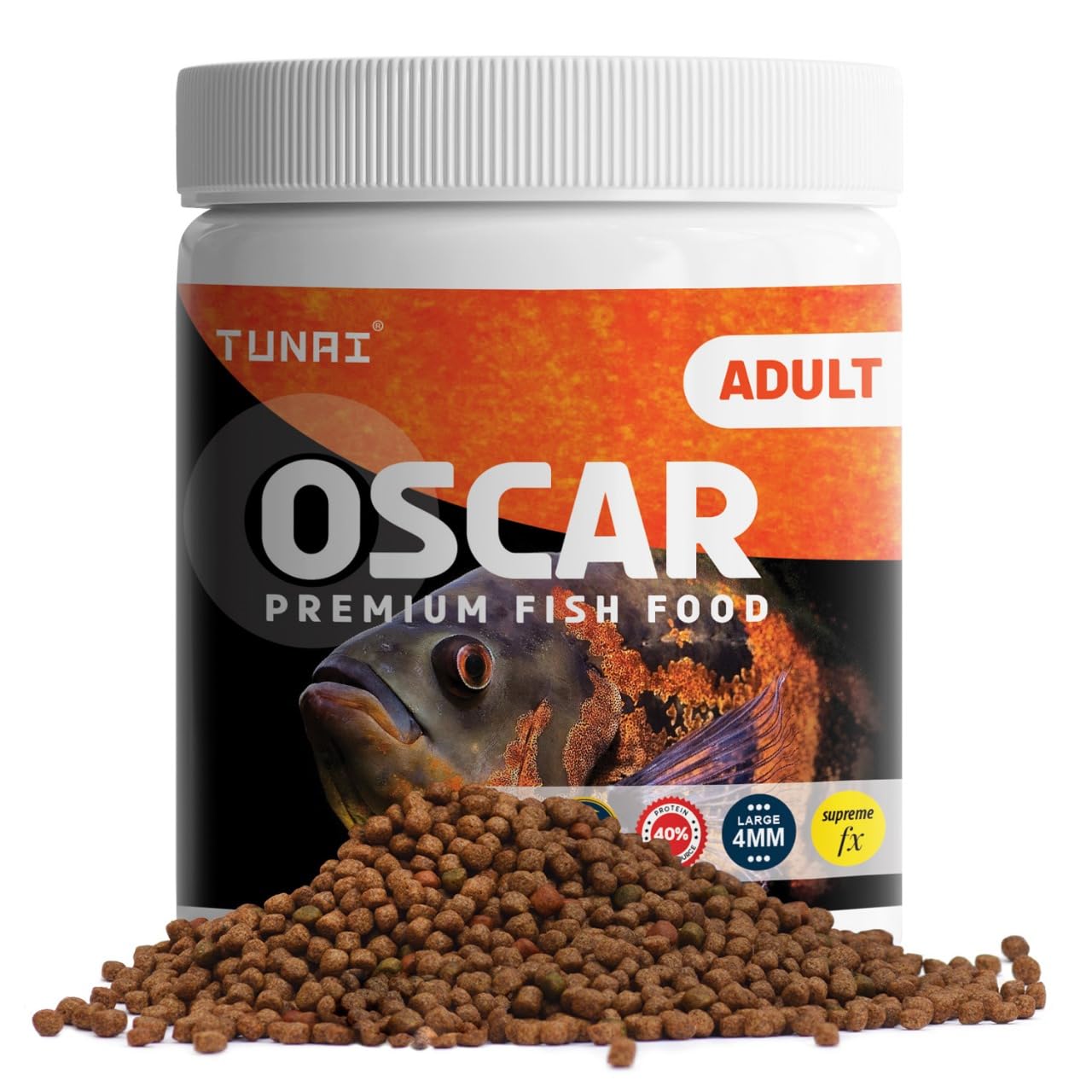 TUNAI All Life Stages Supreme Formula Oscar Fish Food Fortified with 40% Protein and Vitamins, Essential for Color Enhancement, Growth for Medium and Large Sized Oscar Fishes, 4Mm Pellet Size, 100G