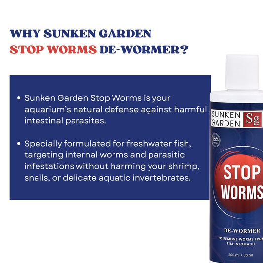 Sunken Garden Stop Worms| Liquid De-Wormer for Freshwater Aquariums | Safe for Fish, Shrimp & Snails (200 ml + 30 ml)
