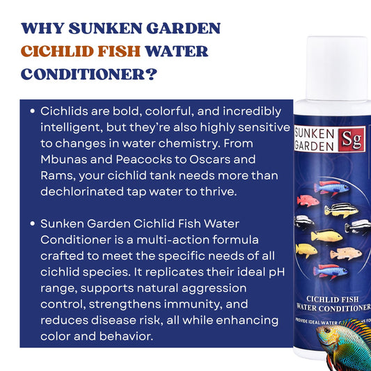 Sunken Garden Cichlid Fish Water Conditioner | Color, Clarity & Control for Your Cichlid Tank | Balanced Water Care for African, South American & Mixed Cichlid Fishes (100 ml)