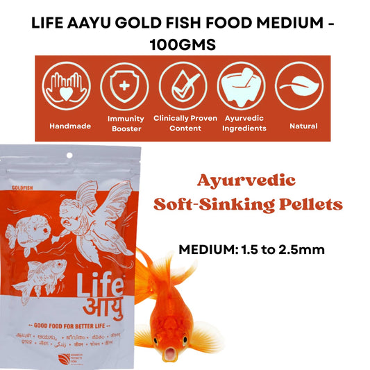 Life AAYU Gold Fish Food | Ayurvedic Soft-Sinking Pellets with Tulsi, Papaya & Paprika | for All Fish Sizes (Medium, 100gms)