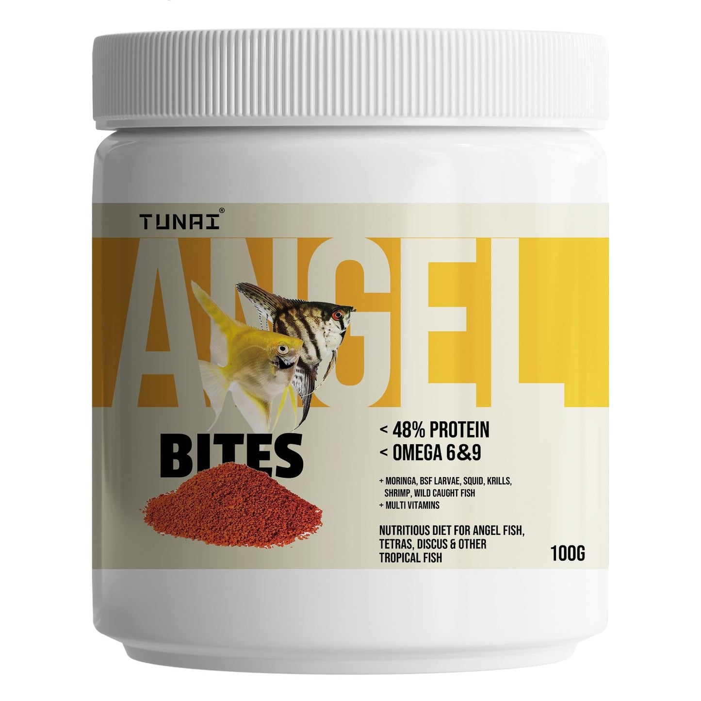 TUNAI Angel Spirulina Bites Fish Food |100g| Spirulina Granules | 100g | 48% Protein | Suitable to Fed for Angel, Gold Fish, Tetras, Discus, Red Parrot, Arowana, Red Parrot, Cichlids & Oscars