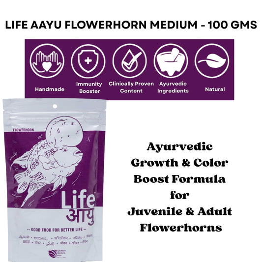 Life AAYU Flowerhorn Fish Food | Ayurvedic Growth & Color Booster Formula with Tulsi, Papaya & Red Paprika | for Juvenile and Adult Flowerhorns | (Medium, 100gms)