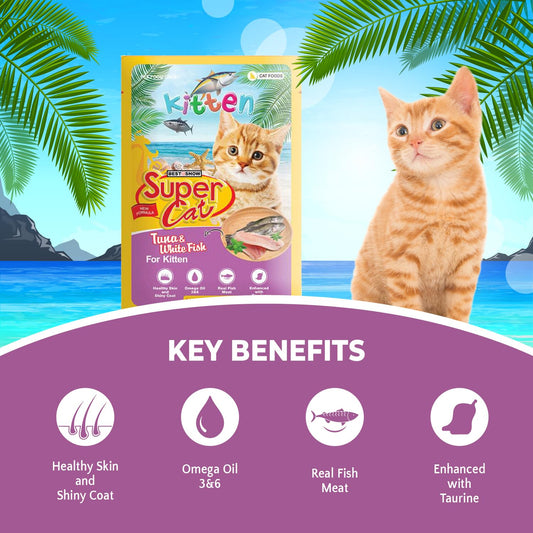 TUNAI SUPERCAT White Fish & Tuna Special Wet Gravy Daily Diet Food For Kittens (PACK OF 12X80g) With the goodness of Protein Fat Rich Sardines, White Fish, Tuna And Taurine, Supports Healthy Skin Coat