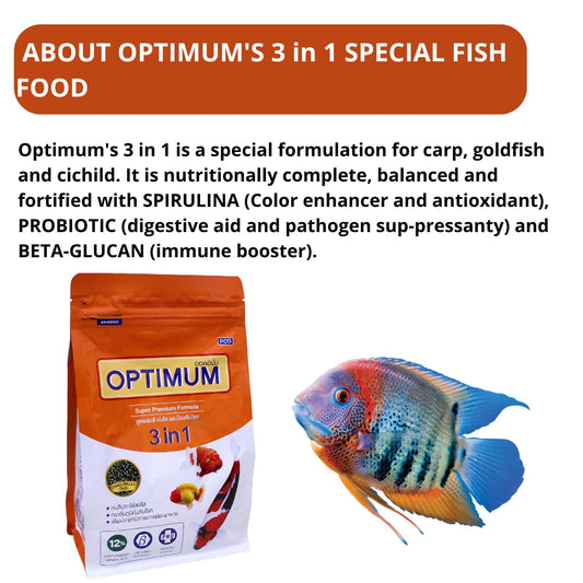Optimum 3in1 Super Premium Formula with 12% Spirulina (Original from Tunai Store), Small Pellets (800gms, 12% Spirulina)