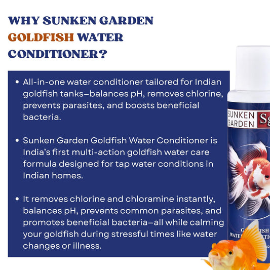 Sunken Garden Goldfish Water Conditioner | pH Stabilizer + Dechlorinator + Parasite Prevention | Made for Indian Tap Water (100 ml)