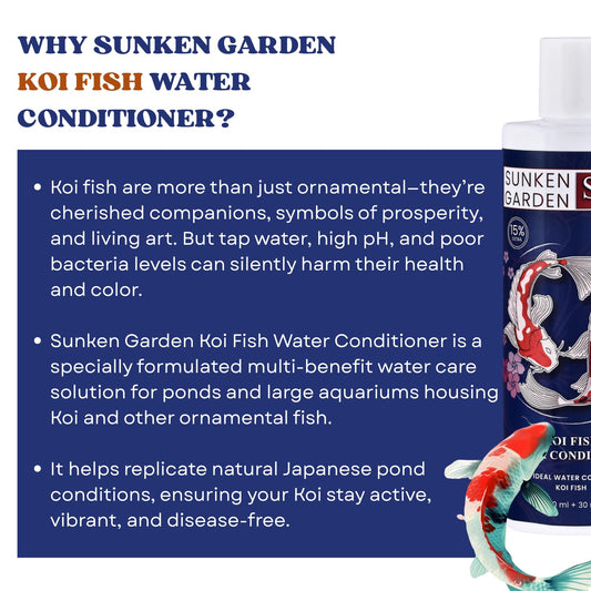 Sunken Garden Koi Fish Water Conditioner | Premium Pond Care for Royal Fish | for Indian Koi & Pond Water (200 ml + 30 ml)