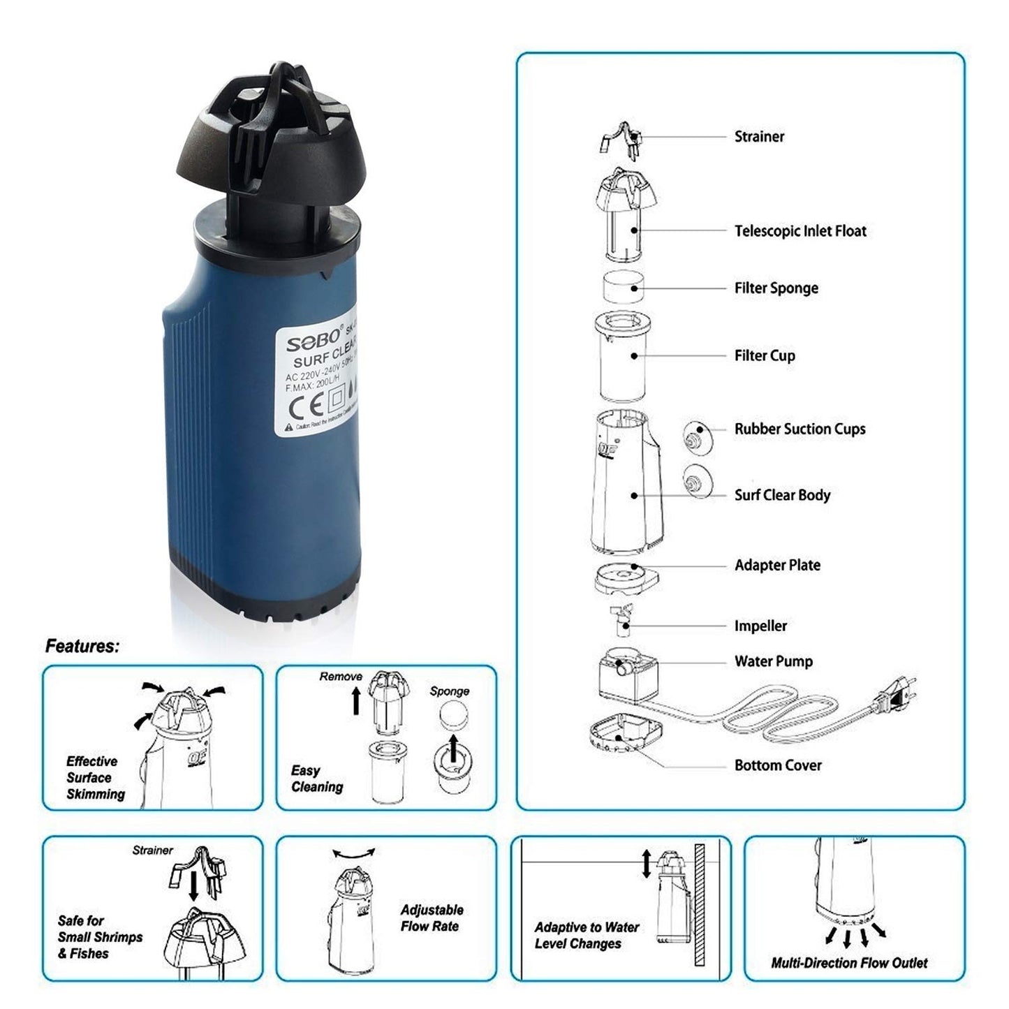 Sobo SK-03 Surf Clear (The Clever Aquatic Surface Skimmer) AC 220-240V 50Hz Power: 3W F.MAX:200L/HR - Central Fish Aquarium, 1 Piece