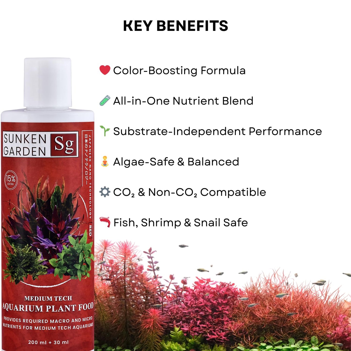 Sunken Garden Red | Vibrancy Fertilizer for Aquatic Plants | Algae-Safe, Substrate-Free (200 ml + 30 ml)
