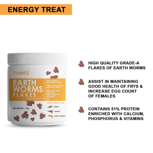 TUNAI Earth Worm Flakes with 51% Protein 50G Supplement Treat All Life Stages, Boost Color and Fish Food for Tetras, Guppies and Fancy Shrimps