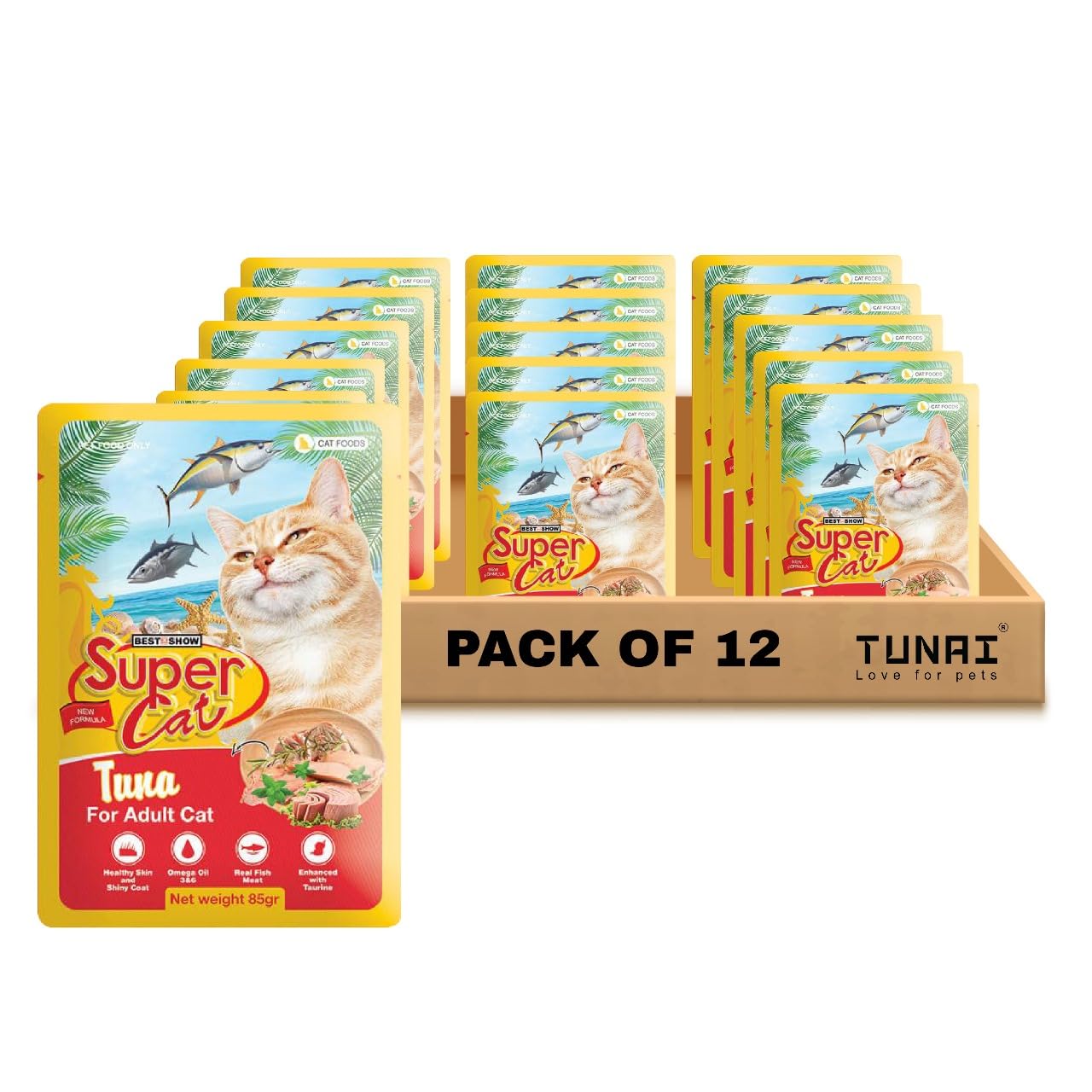 TUNAI SUPERCAT Tuna Special Wet Gravy Daily Diet Food for Adult CAT (Pack of 12X80g) with The Goodness of Protein & Fat Rich Tuna and Taurine, Supports Healthy Skin Coat and Boost Instant Energy