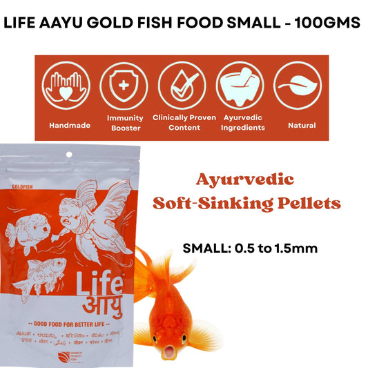Life AAYU Gold Fish Food | Ayurvedic Soft-Sinking Pellets with Tulsi, Papaya & Paprika | for All Fish Sizes (Small, 100gms)