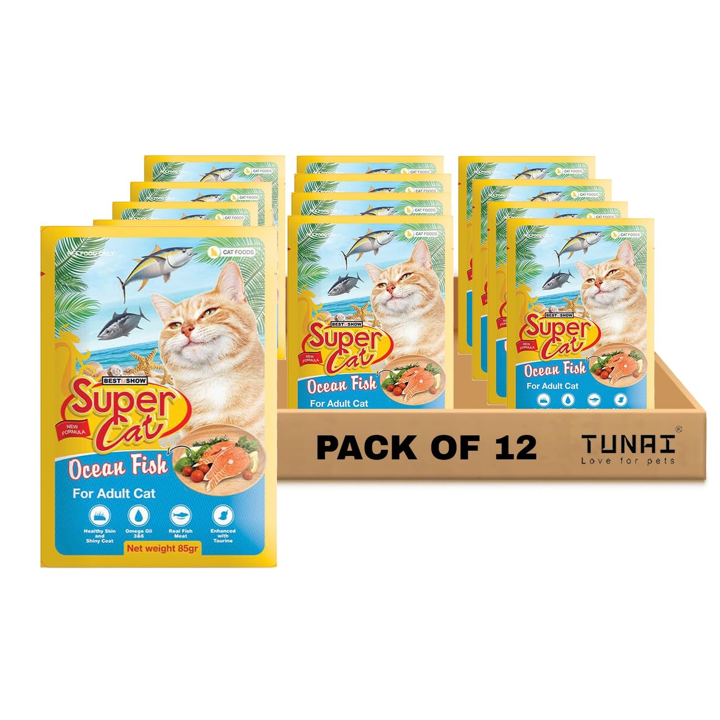 TUNAI SUPERCAT Ocean Fish Wet Gravy Daily Diet Food for Adult CAT (Pack of 12X80g) with The Goodness of Protein & Fat Rich Tuna and Taurine, Supports Healthy Skin Coat and Boost Instant Energy