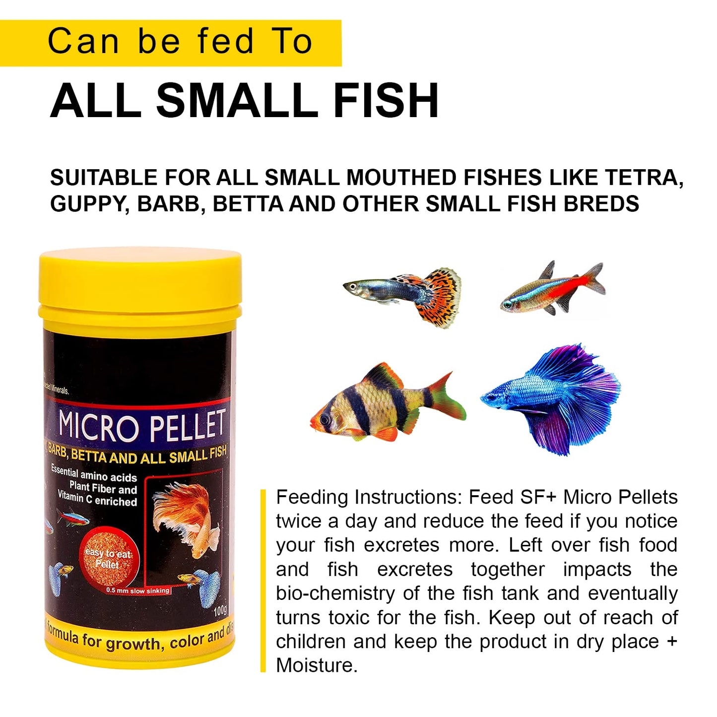 TUNAI SF+ Micro Fish Food for Adult Tetra, Guppy, Barb, Bettas, Color Widow and Small Fish Groups, Effective for Color and Growth (100g - Micro Pellets)