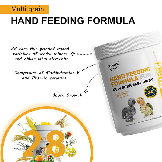 TUNAI Multi Grain Hand Feeding Formula Powder for Baby Birds | 450G | Essential for Love Birds, Conures, Parrots, & Cockatiel