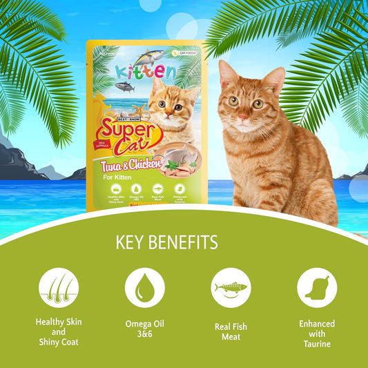 TUNAI SUPERCAT Tuna & Chicken Special Wet Gravy Daily Diet Food for Kittens (12X80g) with The Goodness of Protein, Tuna, Chicken &Taurine, Supports Healthy Skin Coat and Boost Instant Energy