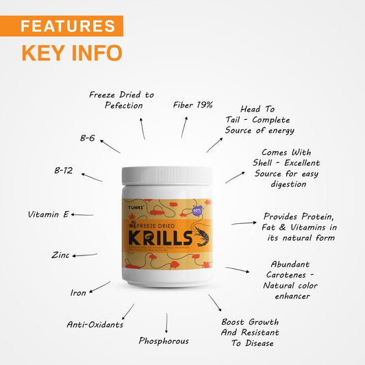 Tunai Freeze Dried Krills Fish Food - Natural High Protein Treat (Best Fish Food for Arowana, Oscar, Flowerhorn, Cichlids & Turtles)
