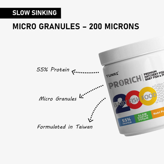 Tunai Baby Frys Fish Food - 55% Protein - 200 Microns Granules (Premium Hatchery Fish Food for Baby Fish & Fries)