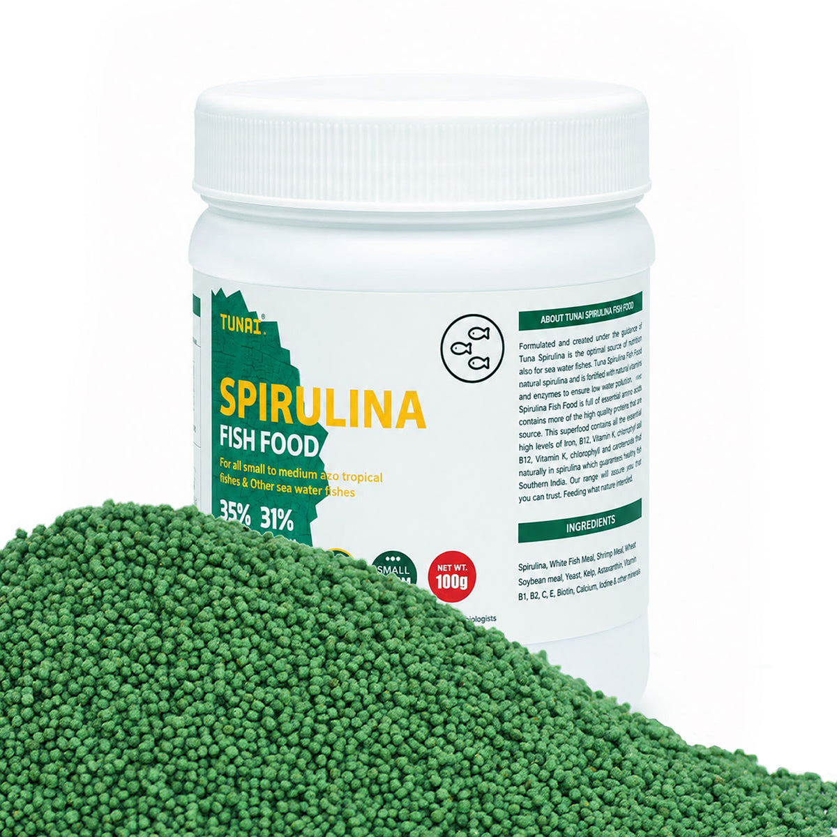 Tunai Spirulina Aquarium Fish Food - 35% Protein – 1.2mm Pellets (For all Small & Medium Size Tropical Fishes)