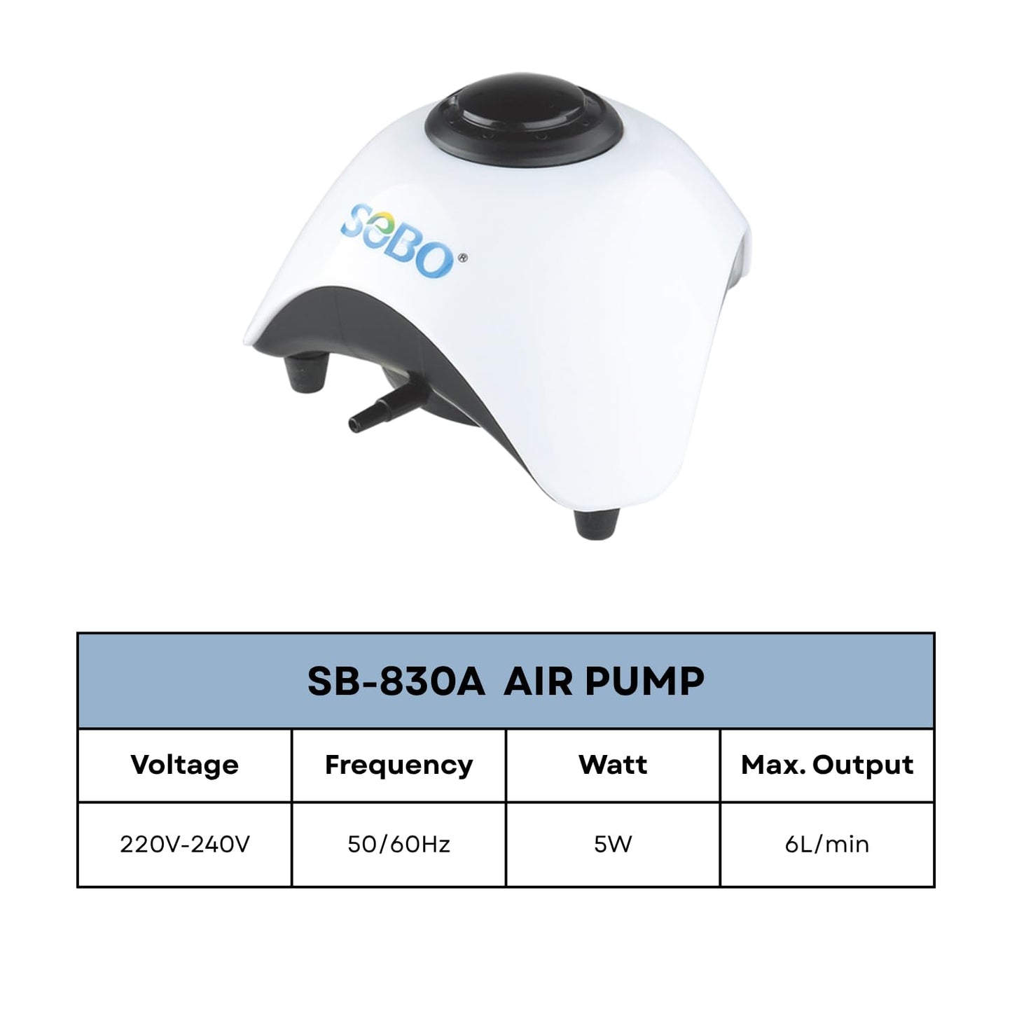 S0B0 SB-830A Air Pump for Aquarium Fish Tank | Energy Saving Design | Long Lasting Performance | Super Silent Design | Single Outlet | Power: 5W | F.Max: 6L/min | Original from Tunai Store
