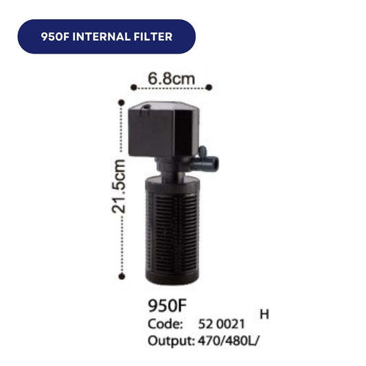 Dophin 950F Internal Filter for Aquarium Fish Tank | Completely Submersible Motor | Output: 480/470 L/H | Suitable for Fish Tank Size 90L | (Original from Tunai Store)