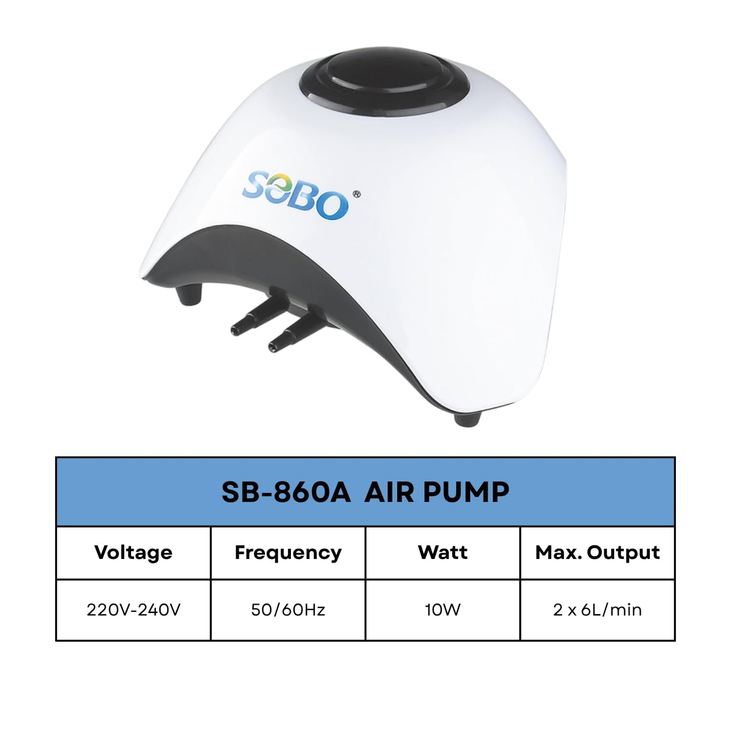S0B0 SB-860A Air Pump for Aquarium Fish Tank | Energy Saving Design | Long Lasting Performance | Super Silent Design | Double Outlet | Power: 10W | F.Max: 2 x 6L/min | Original from Tunai Store