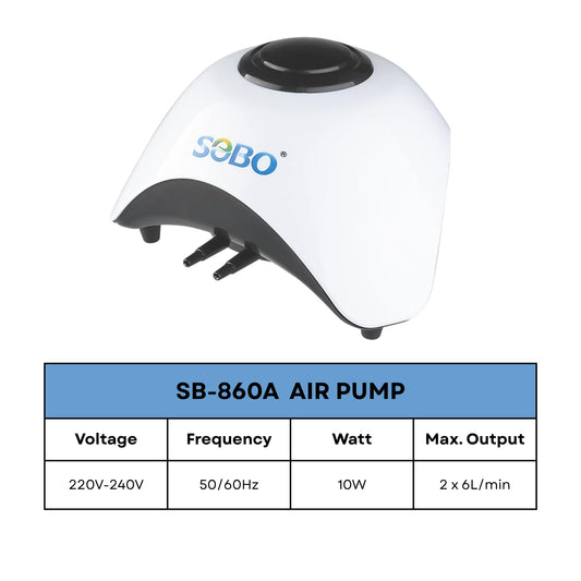 S0B0 SB-860A Air Pump for Aquarium Fish Tank | Energy Saving Design | Long Lasting Performance | Super Silent Design | Double Outlet | Power: 10W | F.Max: 2 x 6L/min | Original from Tunai Store