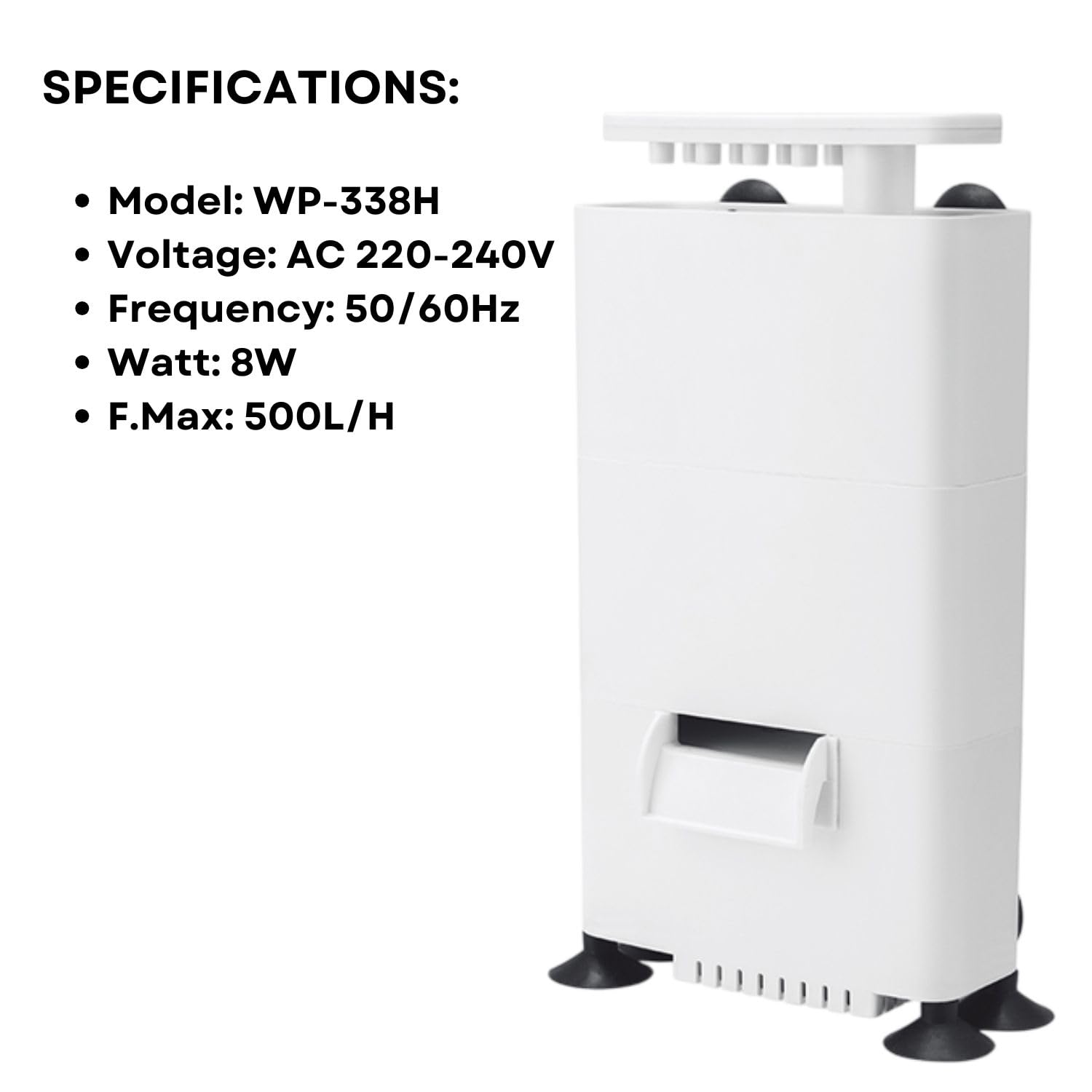 S0B0 WP-338H Internal Filter for Aquarium Fish Tank | Completely Submersible | Output: 500L/H | Suitable for Fresh and Marine Water Tank | (Original from Tunai Store)