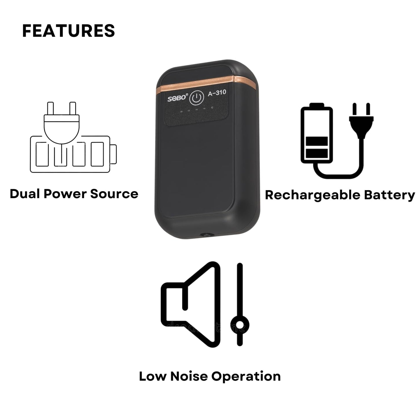 S0B0 A-310 Air Pump for Aquarium Fish Tank | Mini AC/DC Auto Convert Air Pump for Aquarium | Power: 1W | F.Max: 3L/min | Original from Tunai Store