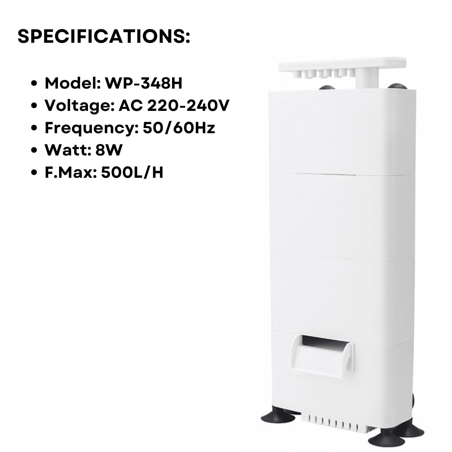 S0B0 WP-348H Internal Filter for Aquarium Fish Tank | Completely Submersible | Output: 500L/H | Suitable for Fresh and Marine Water Tank | (Original from Tunai Store)