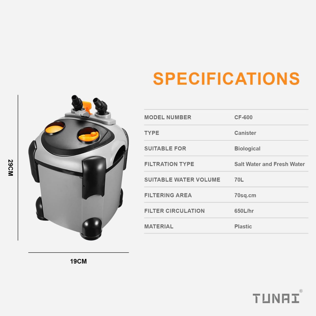 TUNAI KW DOPHIN CF-600 Canister Filter for Aquarium Fish Tank (Watt 20W, Max Output 650 L/H), Suitable for 70 litres Fresh Water Fish Tank, Marine Aquarium Fish Tank