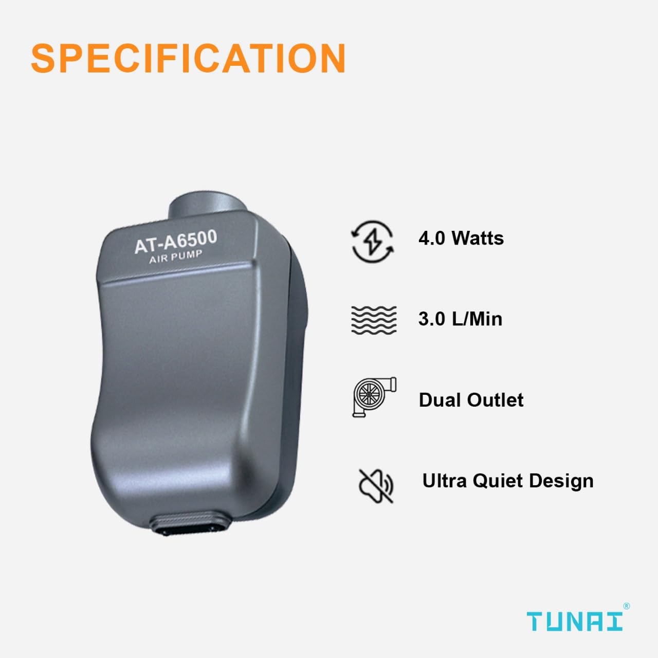 TUNAI AT-A6500 Air Pump for Aquarium Fish Tank Air Pump Powered with 4 Watts |3 litres Per Minute, Dual Outlets| Supports for Best Aeration and Oxygen Supply, Must Buy for Crowded Fish Tank
