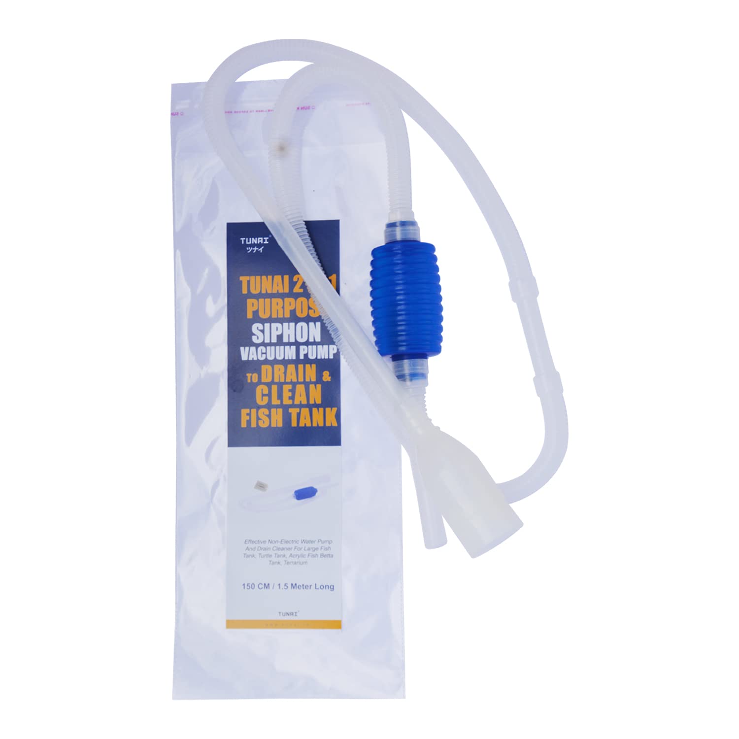 Tunai 2in1 Purpose Siphon Pump |150 Cm Long| for Draining and Cleaning The Aquarium Fish Tank Gravel, Effective Non-Electric Water Pump and Drain Cleaner for Large Fish Tank, Turtle Tank