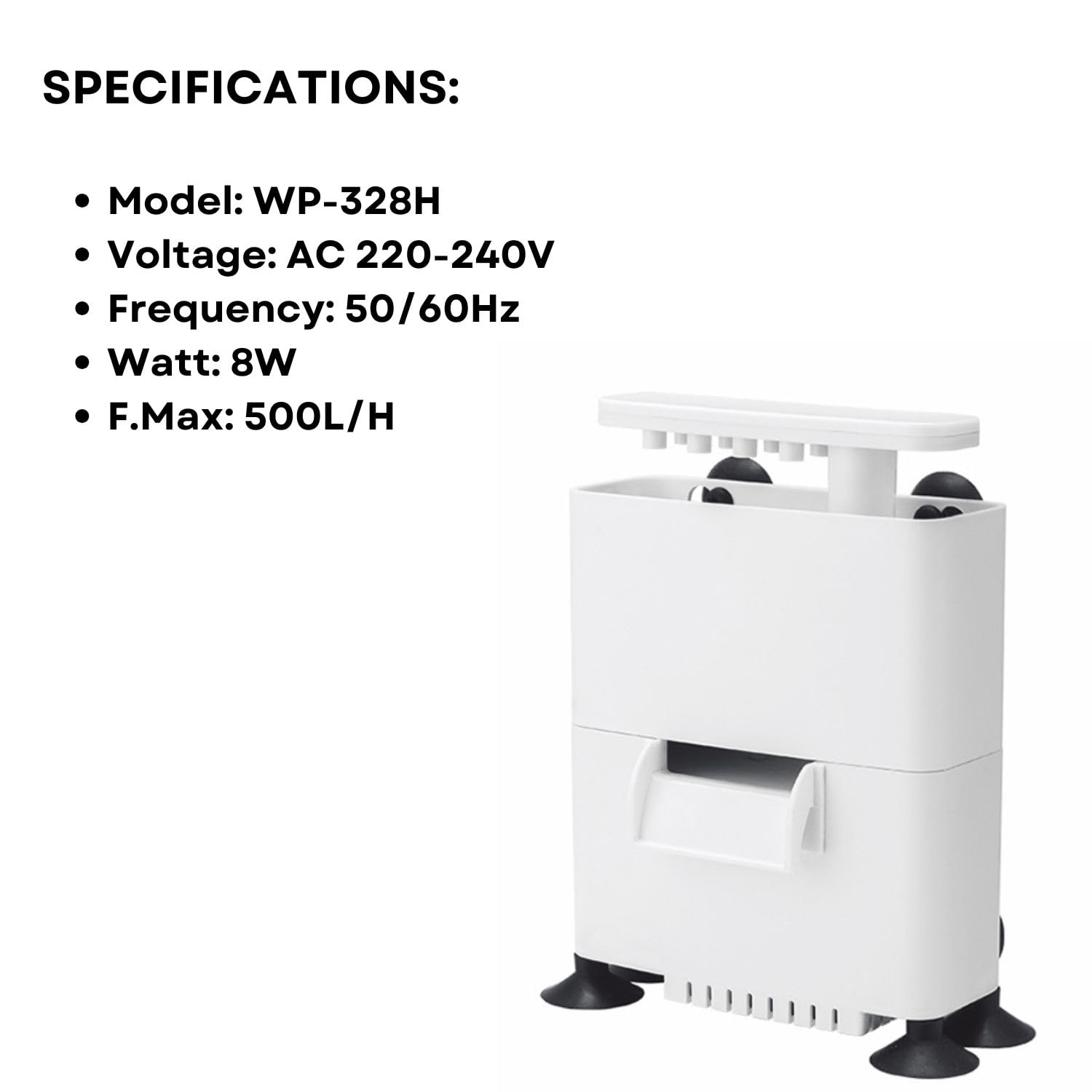 S0B0 WP-328H Internal Filter for Aquarium Fish Tank | Completely Submersible | Output: 500L/H | Suitable for Fresh and Marine Water Tank | (Original from Tunai Store)